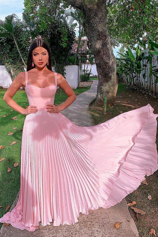 Pretty A-Line Straps Pink Prom Dress with Pleats Sleeveless Long Party Dress C1532