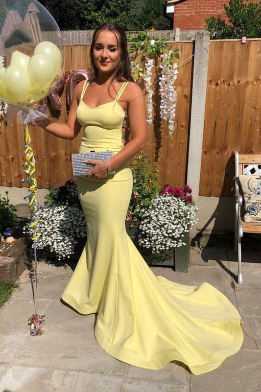 Yellow satin long mermaid prom dress evening dress C857