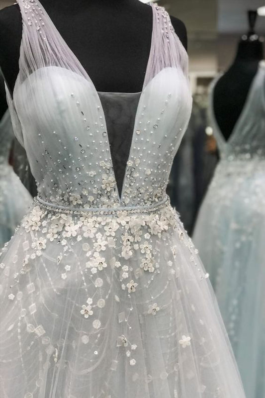 Blue A-line long prom dress formal dress  C1022