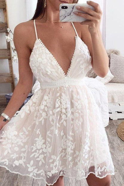 Lovely White Lace V Neck Mini Party Dress C612