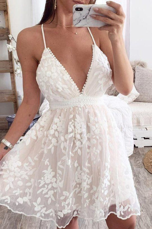 Lovely White Lace V Neck Mini Party Dress C612