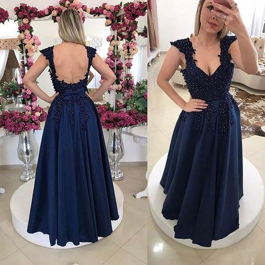 Beaded Navy Blue Cap Sleeve Prom Dress,Backless Formal Gown With Lace Appliques C462