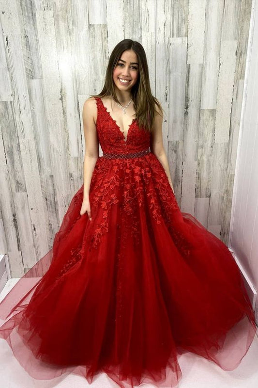 A-line red prom dress with beading belt, lace appliques red long formal dress C983