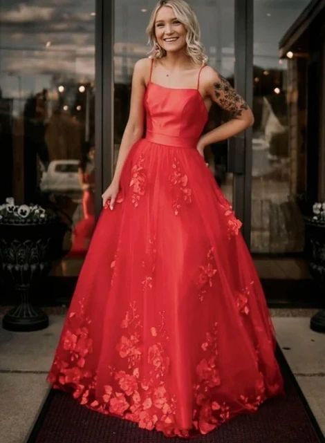 Spaghetti Tulle Prom Dresses Appliques Long Evening Gown C1218