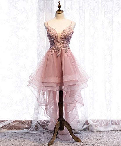 Pink tulle lace high low prom dress, pink party dress C595