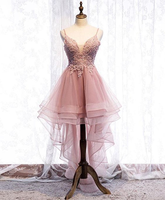 Pink tulle lace high low prom dress, pink party dress C595
