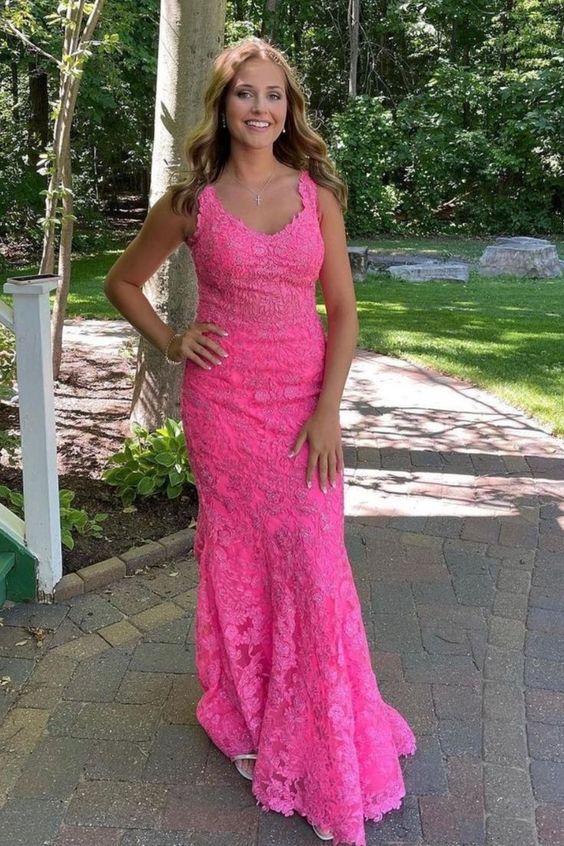 mermaid bright pink lace appliques long formal prom dress C973