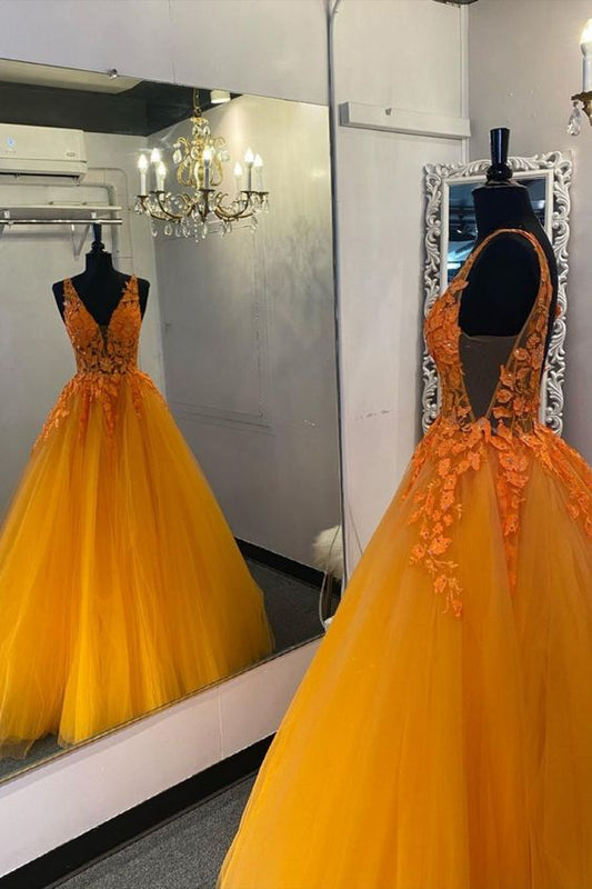 Elegant v-neck orange prom dress with appliques  C984
