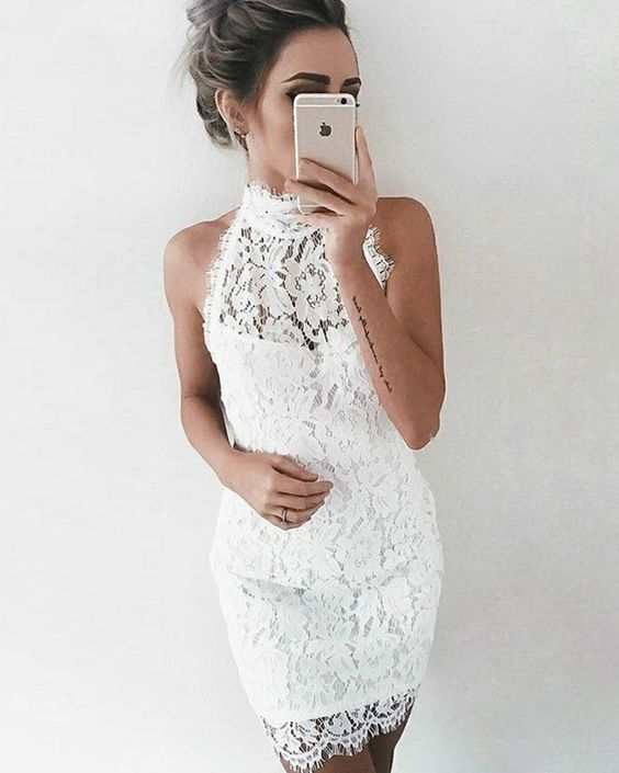 High Neck Ivory Sleeveless Lace Tight Party Dress  C623