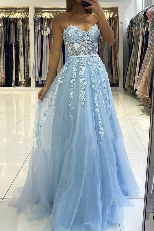 Blue tulle lace long prom dress blue tulle lace formal dress C1084