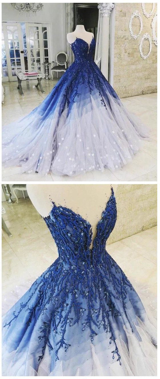 A-line Ombre Prom Dress With Applique Royal Blue Prom Dresses Long Evening Dress C440