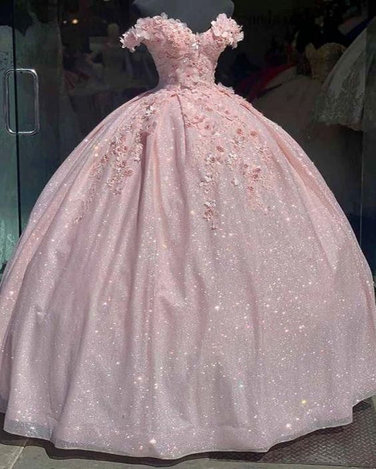 Pink Glitter Sweetheart Prom Dress Ball Gown  Women's Sequined Corset Dress 3D Applique Beaded Masquerade Dress C990