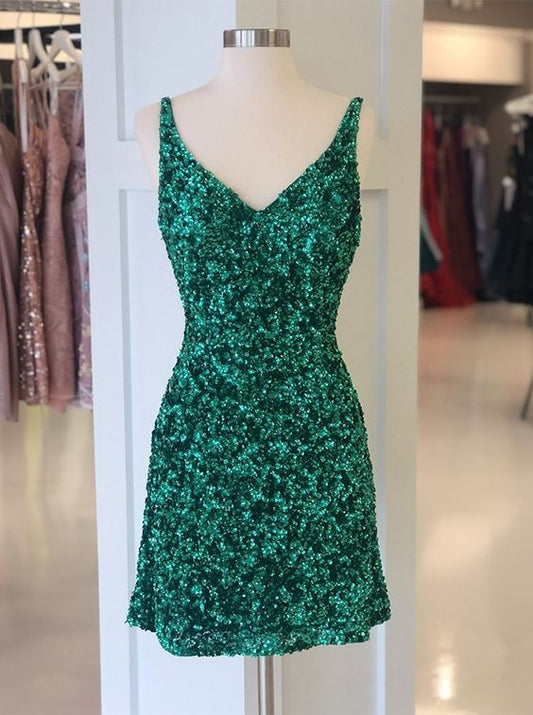 Sequin V-neck Green Homecoming Dress  C1151