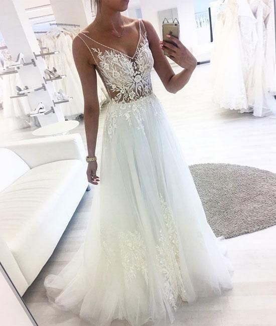 V Neck Tulle Prom Dresses with Appliques,Elegant Bridal Dresses C112