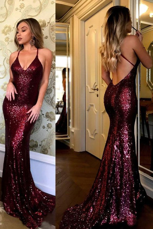 Sequins Spaghetti Straps V-neck Burgundy Mermaid Prom Dresses  C168