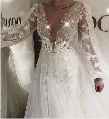 Long Sleeves Tulle Lace Prom Dresses with Pearls C545