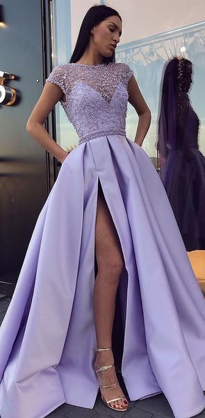 Charming Lilac Side Split Beaded See Through Cap Sleeve Prom Dresses,Long Prom Dress C1573