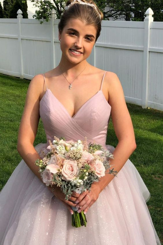 pink long prom dress with spaghetti straps and open back C947