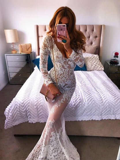 Sexy v neck lace see through dress C1629