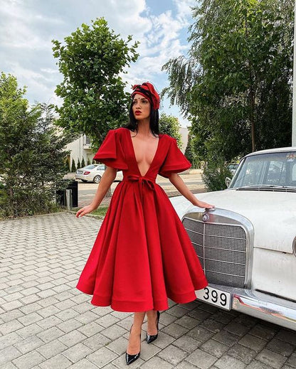 Beautiful A Line Deep V Neck Red Prom Party Dress C1534