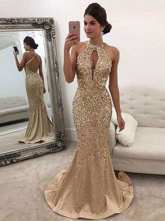 Long Mermaid Halter Satin Gold Prom Dresses C999
