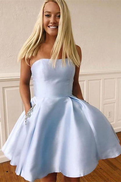 Strapless Short Light Blue Homecoming Dress with Beaded Pockets  C640