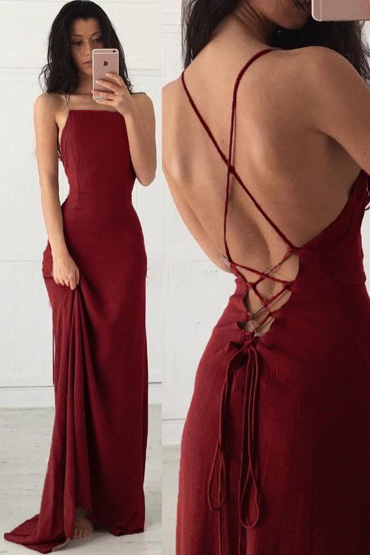 Spaghetti Straps Burgundy Sleeveless Formal Gown,Cheap Long Evening Dresses C415