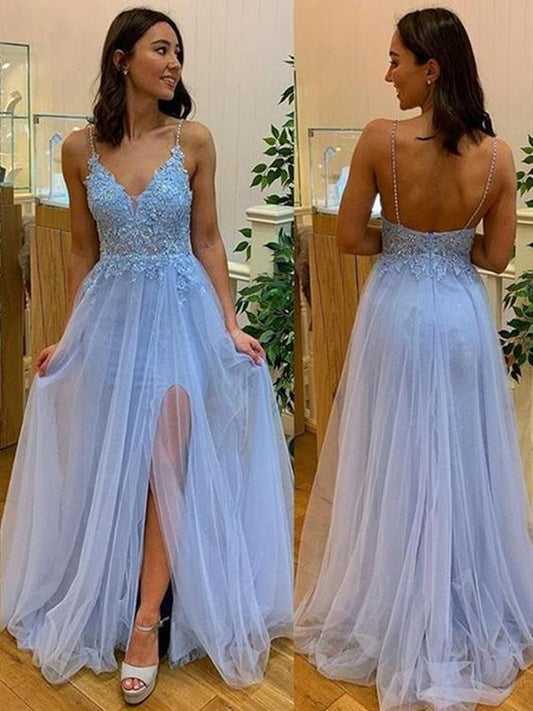 V Neck Sky Blue Lace Prom Dresses, Sky Blue Lace Formal Evening Dresses C766