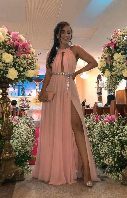 Halter Long Prom Dress With Split  C702