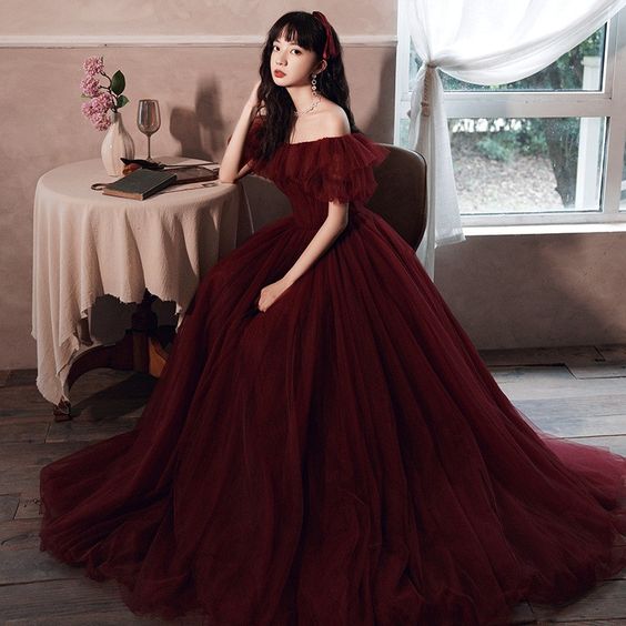 Burgundy tulle long prom gown formal dress C1569
