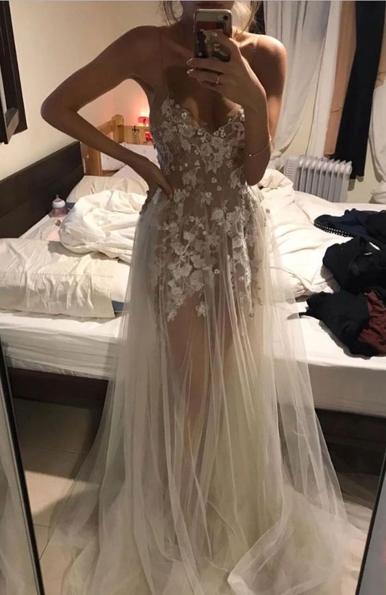 Light champagne tulle lace long prom dress lace formal dress C121