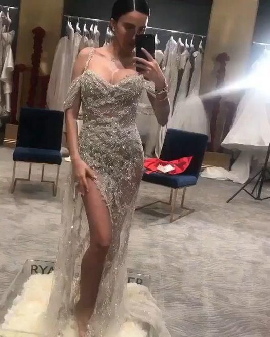 Tulle Long A Line Lace Prom Dress With Split  C1631