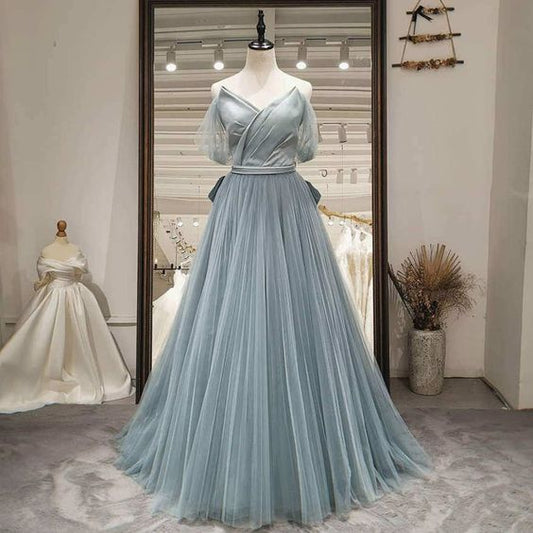 Smokey blue long dress features strapless neckline and lace up back  C1023