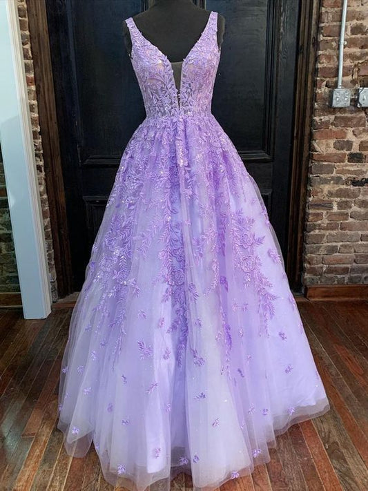 V Neck Purple Lace Prom Dresses, V Neck Purple Lace Formal Evening Dresses C1523