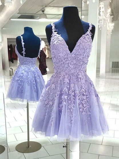 Short V Neck Purple Lace Prom Dresses, Short Purple Lace Formal Homecoming Dresses C1143