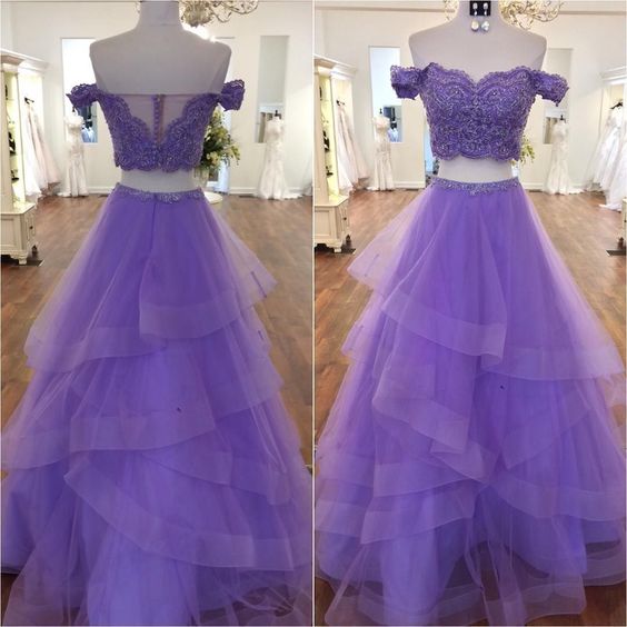 Lavender Tulle Two-Piece Off-the-Shoulder Lace Applique Long Prom Dress With Beading C396