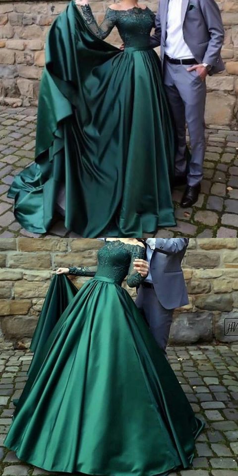 modest dark green party dress, off the shoulder prom dresses ,prom dress with long sleeves, evening gowns with lace C1642