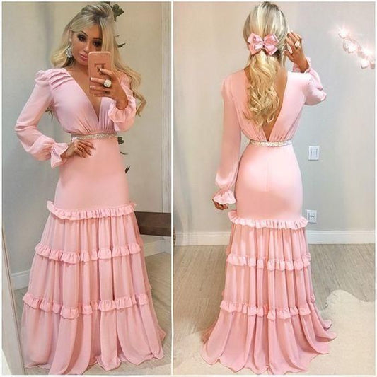 Pink Long sleeves Chiffon Prom Dress , Open Back Long Prom Dress C748