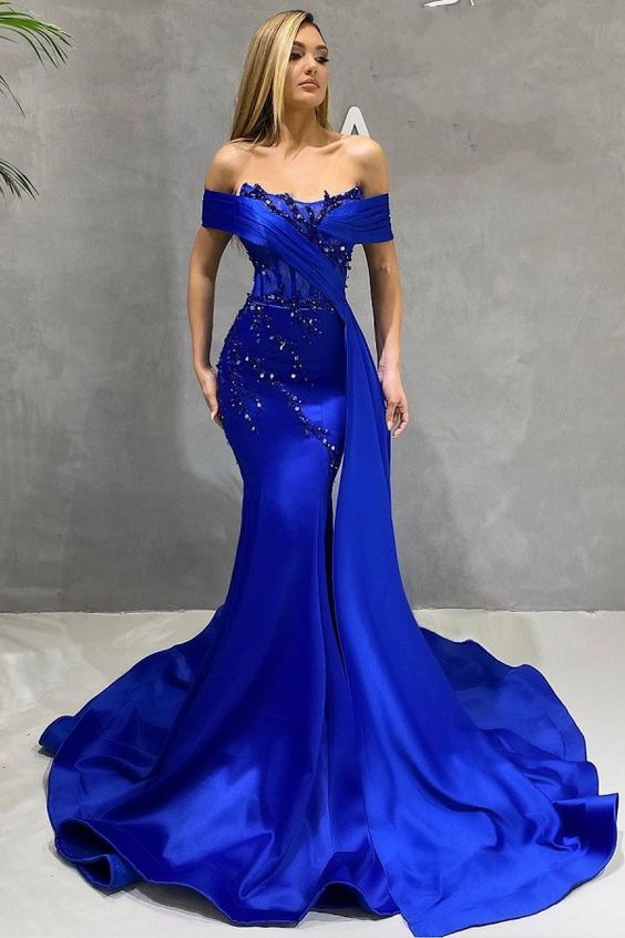 Off The Shoulder Royal Blue Beadings Satin Mermaid Prom Dresses C1372
