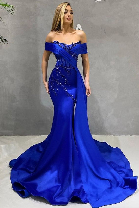 Off The Shoulder Royal Blue Beadings Satin Mermaid Prom Dresses C1372