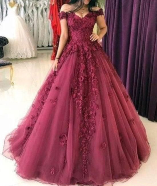 Burgundy off shoulder tulle lace applique long prom dresses C428