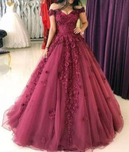 Burgundy off shoulder tulle lace applique long prom dresses C428