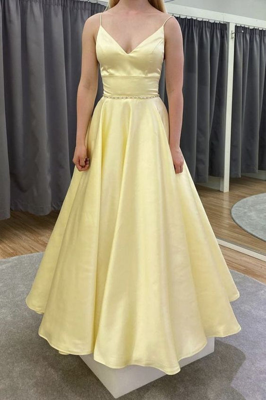 Yellow satin long A line prom dress evening dress C863