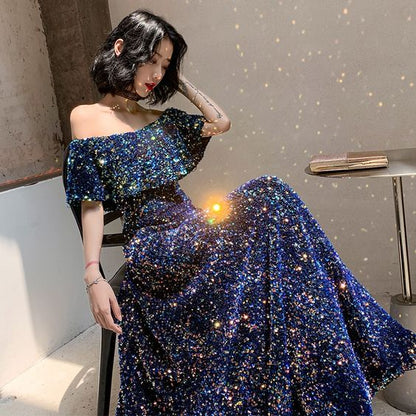 Off-the-shoulder Sequin Prom Dress C1071