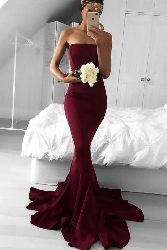 Charming Mermaid Strapless Burgundy Brush Train Ruffles Prom Dress C1563