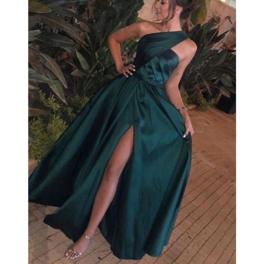 green prom dresses pleats side slit satin floor length evening dresses C1045