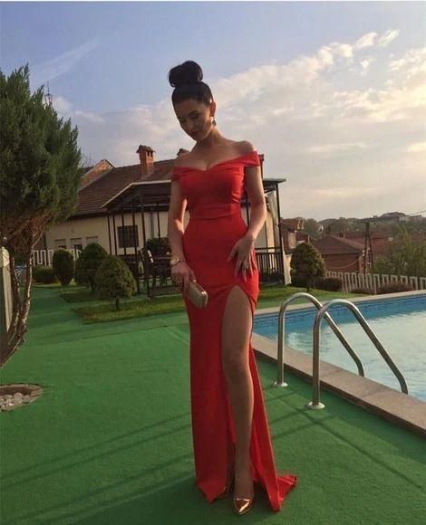 High Slit Long Satin Mermaid Prom Dress Off Shoulder  C1489