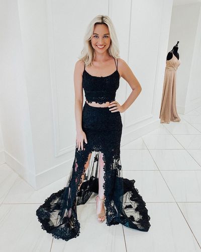 Two Piece Black Lace Slit Long Formal Prom Dress C1088