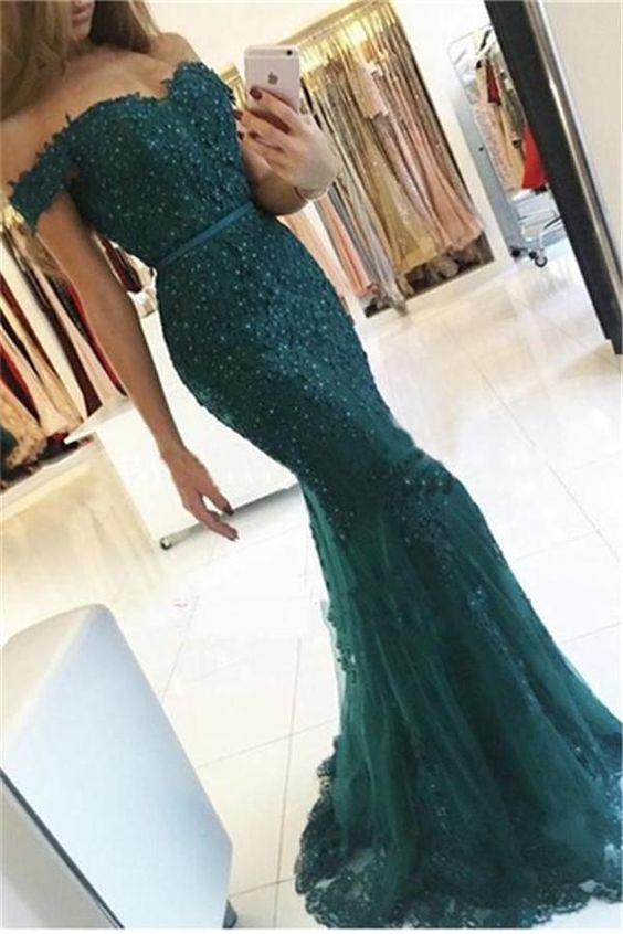 Off The Shoulder Long Mermaid Green Lace Beading Evening Prom Dresses C172