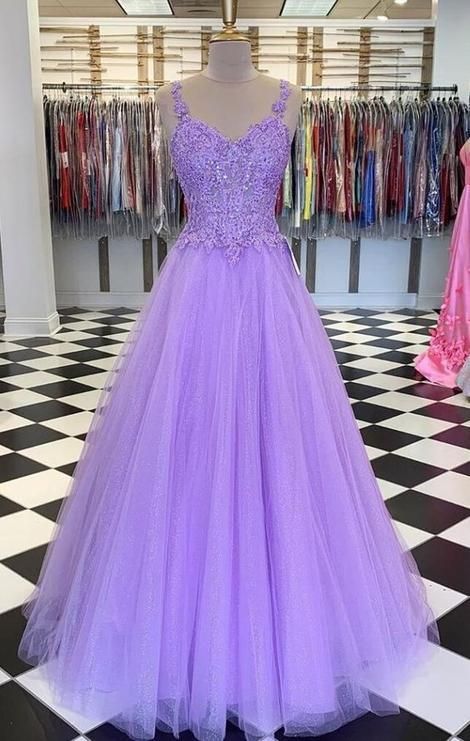 Lavender Tulle Lace Long Prom Dresses C382